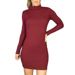 SEEK The Label Ribbed Bodycon Sweater Dress Maroon Mock Neck Women’s Medium